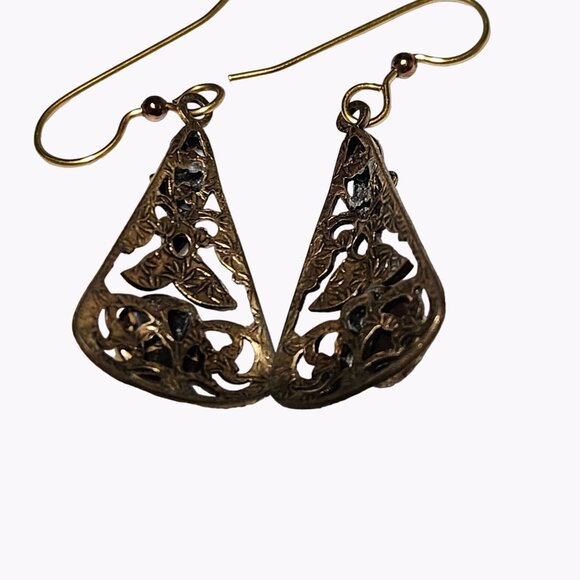 Boho Filigree Flowered Triangle Drop Earrings Green Stone Fashion Jewelry Women - Picture 2 of 4